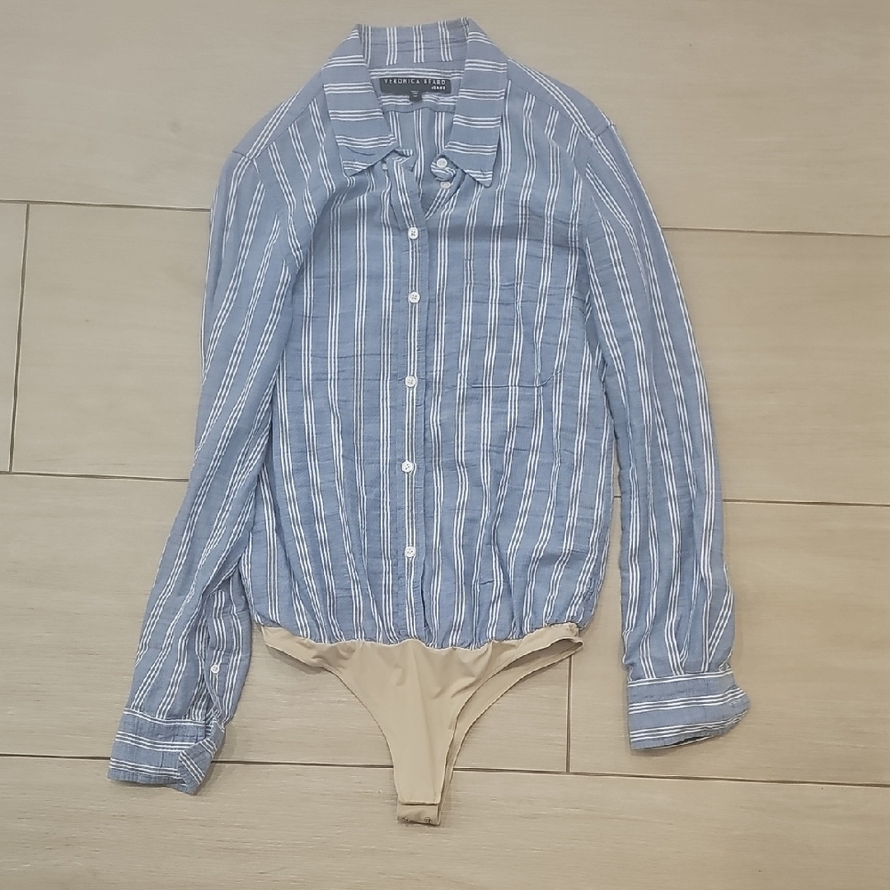 Veronica Beard Blue and Cream Striped Button-Down Bodysuit
